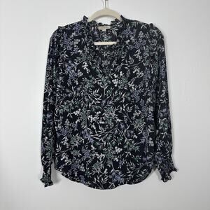 Loft Womens XS Dark Floral V-neck Long Sleeve Career Workwear Blouse Semi Sheer